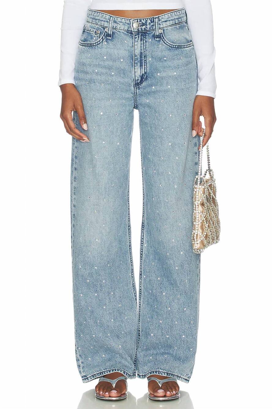 NEW RAG & BONE featherweight logan embellished wide jeans in margo jewel